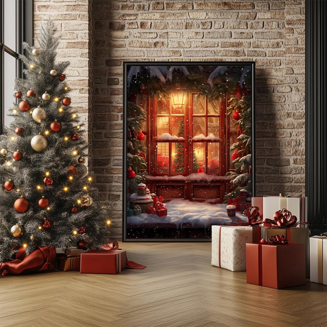 Cozy Christmas Window With Gifts On Snowy Winter Night Art Poster - Image 2