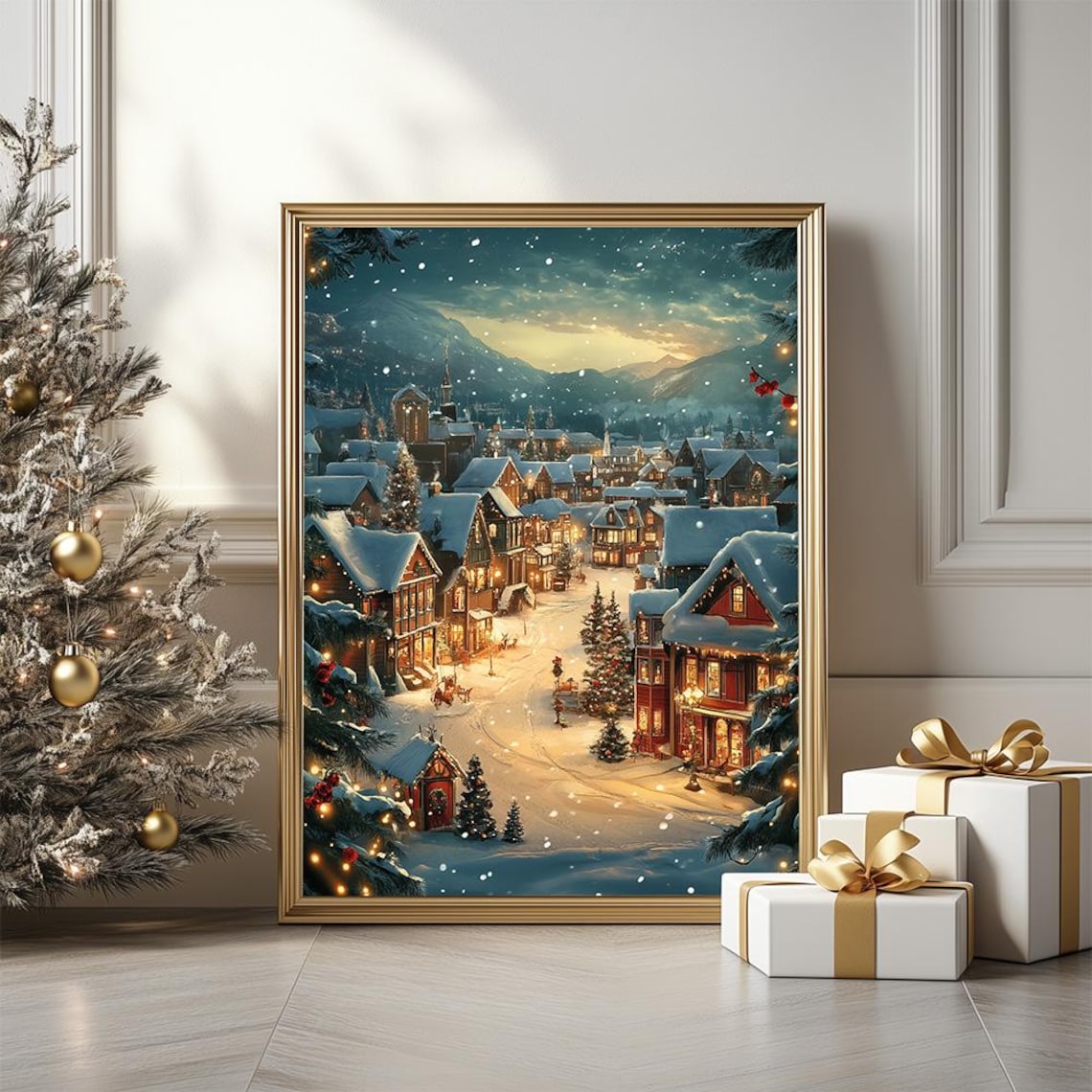 Snowy Christmas Village Dusk Lights Mountain Town Art Poster