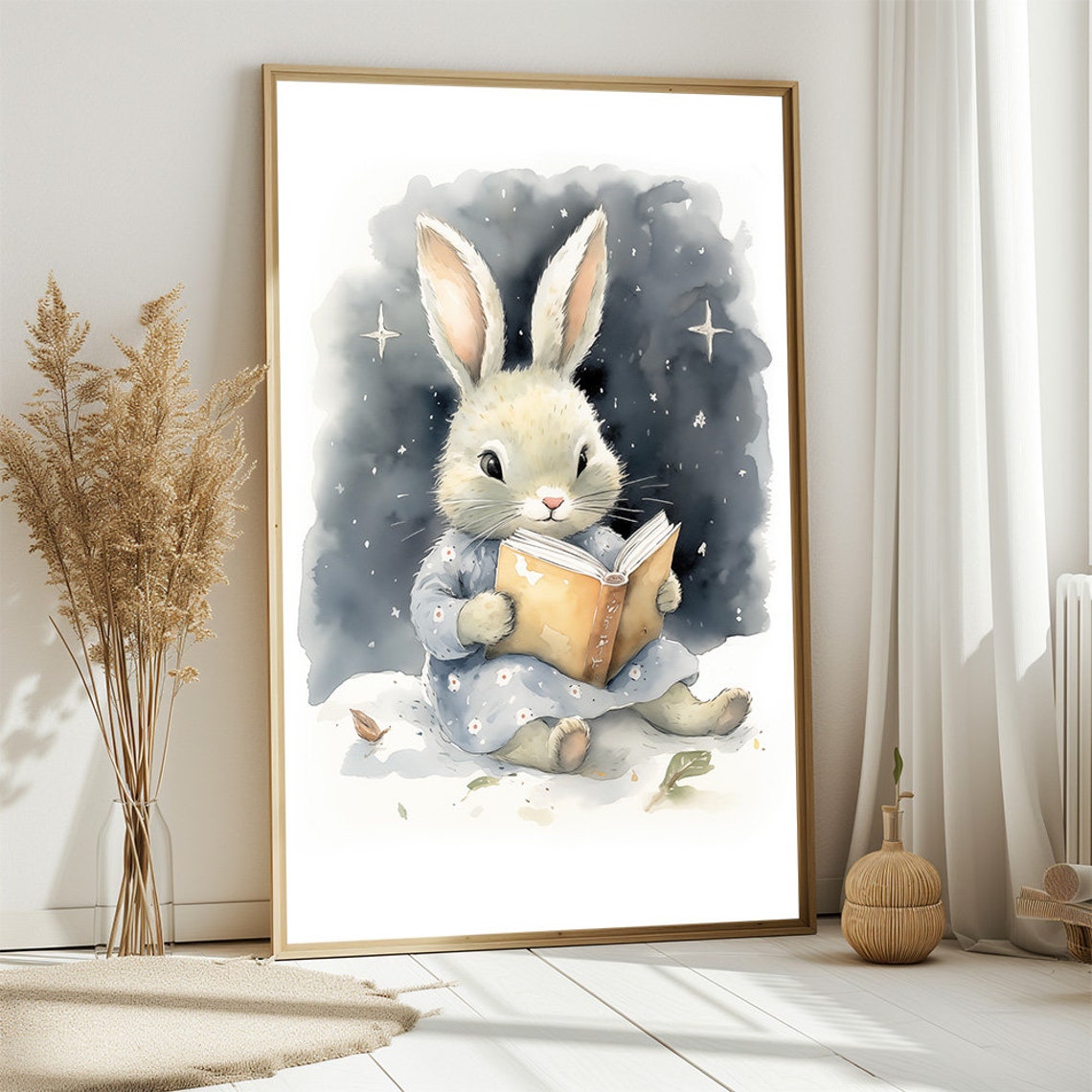 Vintage Sleepy Rabbit Nursery Print Cute Bunny Going To Sleep Wall Art Mid Century Neutral Large Poster - Image 3
