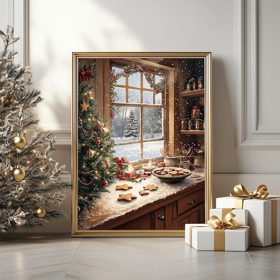Cozy Christmas Baking Scene Rustic Kitchen Cookies Window Poster