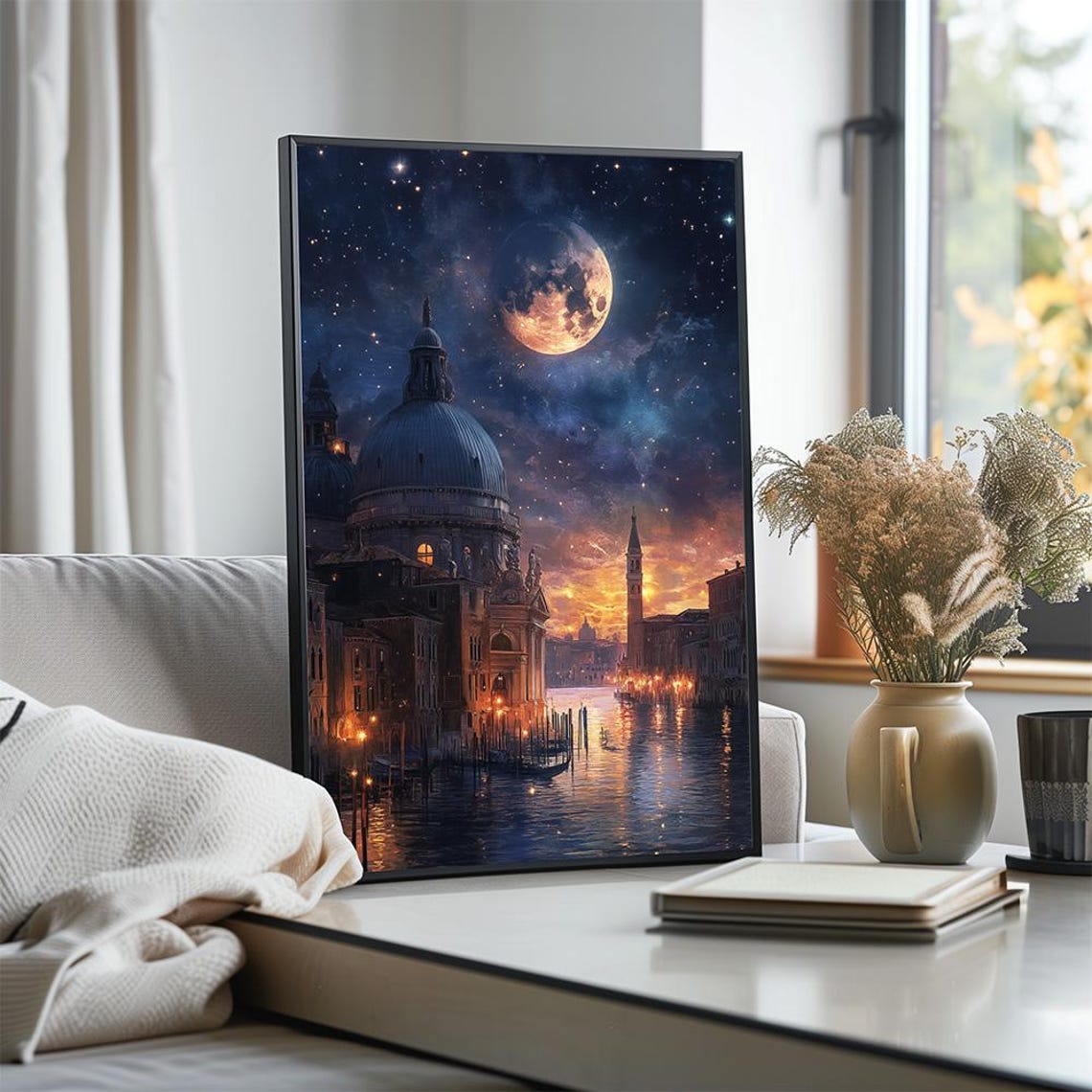 Magical Venice Grand Canal Under Full Moon Starry Night Poster - Image 2