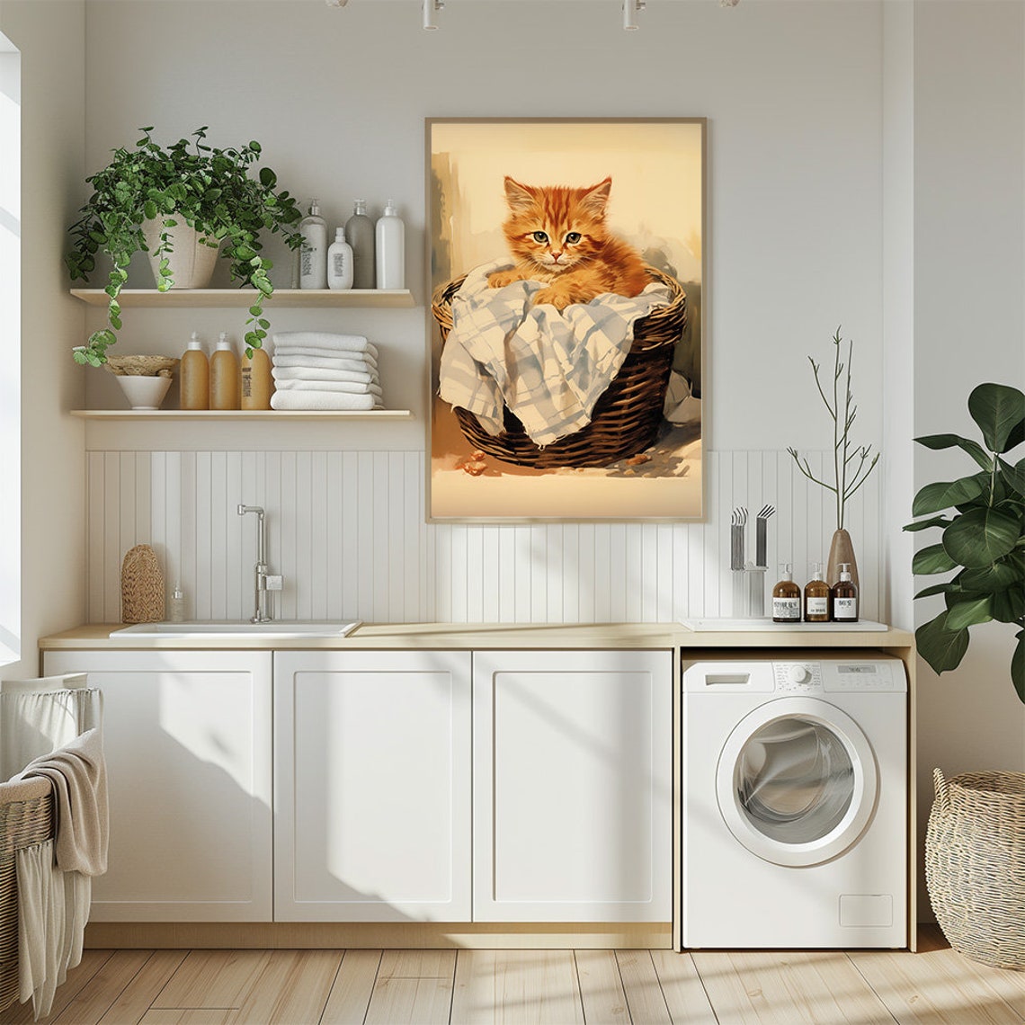 Sweet Ginger Kitten Painterly Wicker Laundry Basket Cat Poster - Image 2