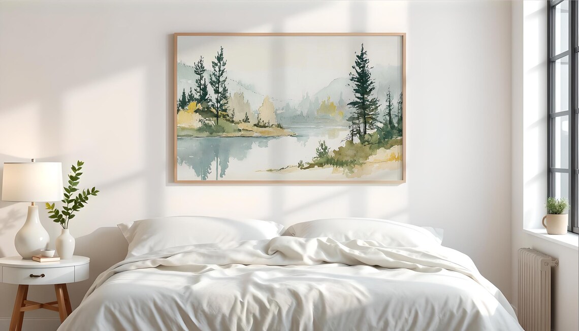 Simple Watercolor Lake Painting, Serene Landscape - Image 3