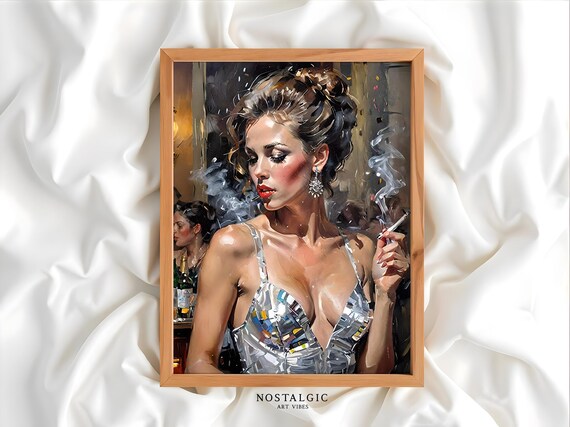 Glamorous Woman Smoking, Vintage Bar Scene Art Print