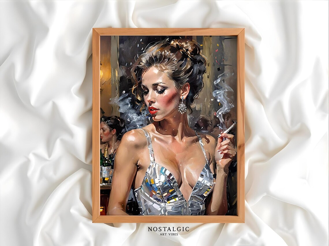 Glamorous Woman Smoking, Vintage Bar Scene Art Print