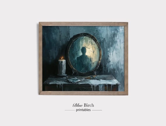 Rustic Ghostly Reflection Wall Art Vintage Mirror Scene Dark Moody Decor Haunted Candlelight Painting Mysterious 44