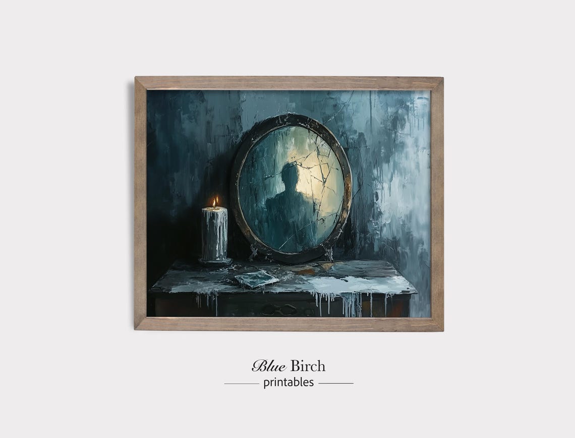 Rustic Ghostly Reflection Wall Art Vintage Mirror Scene Dark Moody Decor Haunted Candlelight Painting Mysterious 44