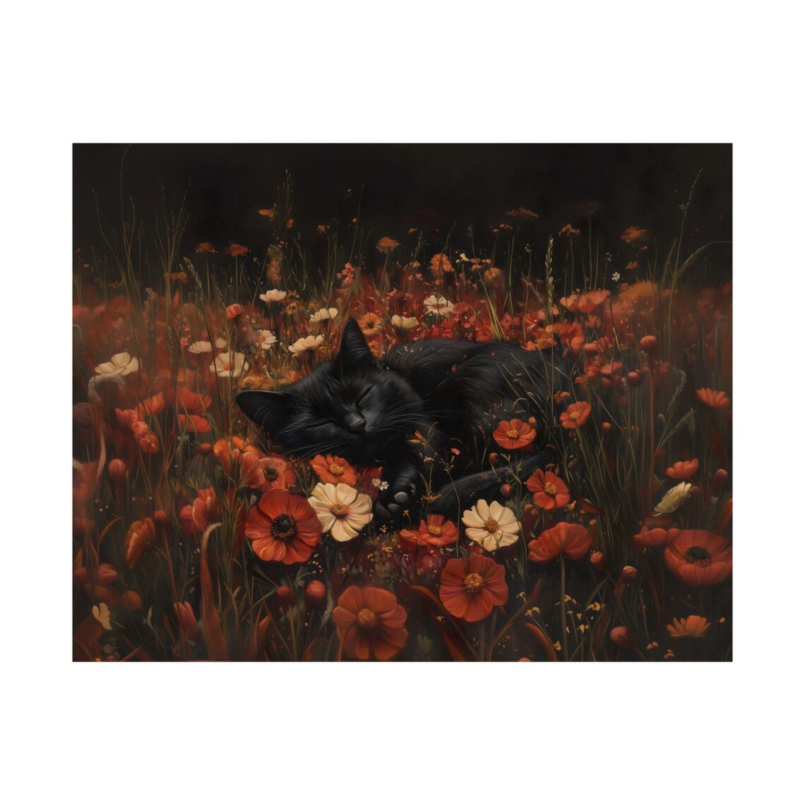 Black Cat Sleeping in Red Poppy Flower Field at Night Poster - Image 3