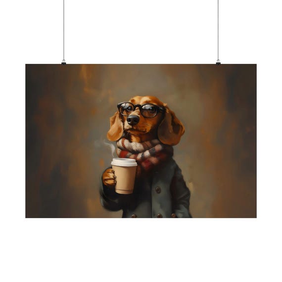 Hipster Coffee Dachshund Maximalist Eclectic Victorian Poster Print Bold Altered Party Animal Portrait Fantasy Colorful Renaissance Rustic