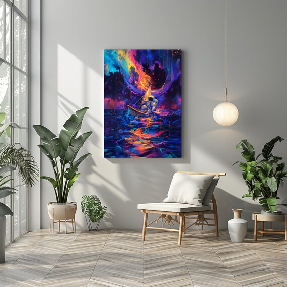 Astronaut Sailing Through Neon Cosmic Nebula Watercolor Space Wall Art