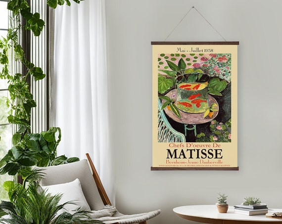 Matisse Goldfish Art Wall Hanging Floral And Fish Exhibition Art Reproduction Printed On Premium With Real Walnut Wooden Hangers