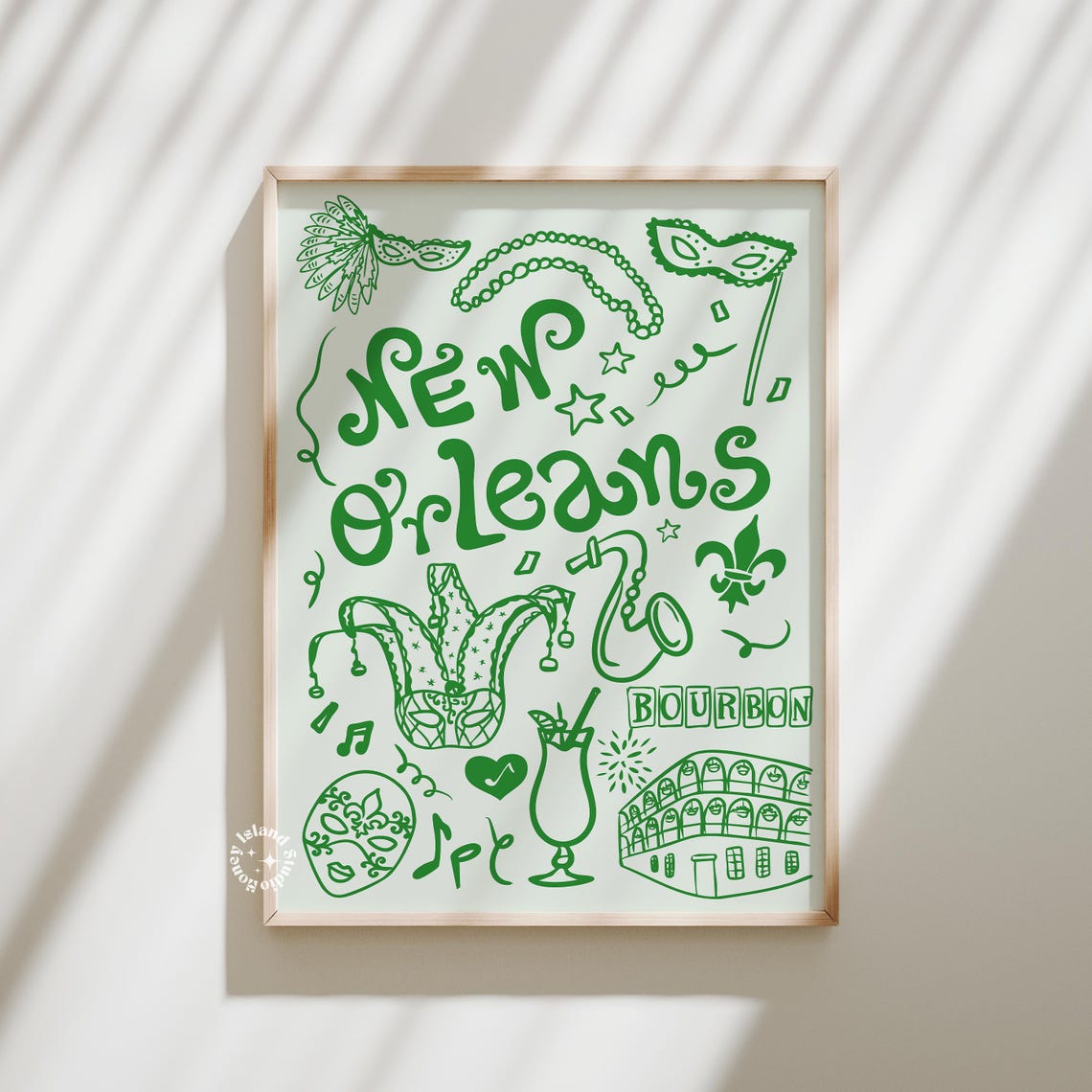 New Orleans Green Mardi Gras Doodle Icons Festive Trendy Wall Art