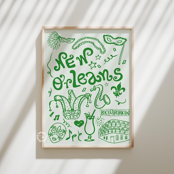 New Orleans Green Mardi Gras Doodle Icons Festive Trendy Wall Art