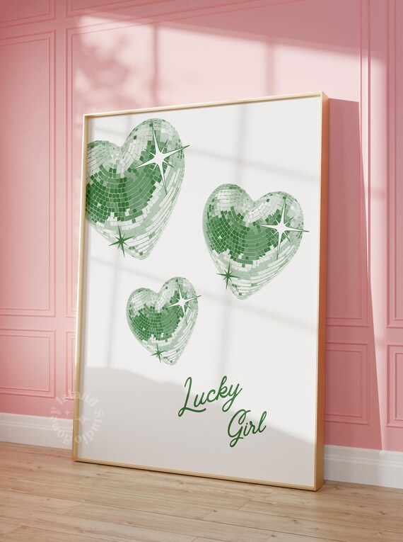Disco Hearts Green Wall Art Lucky Girl Print Dorm Decor Trendy Preppy Unframed
