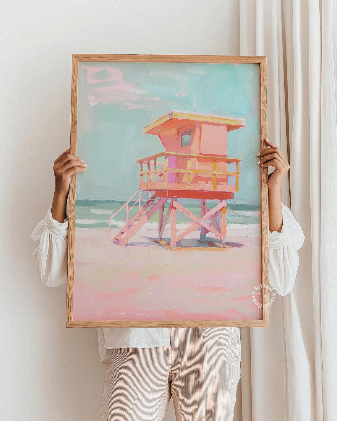 Coastal Lifeguard Tower Art Print, Pastel Beach