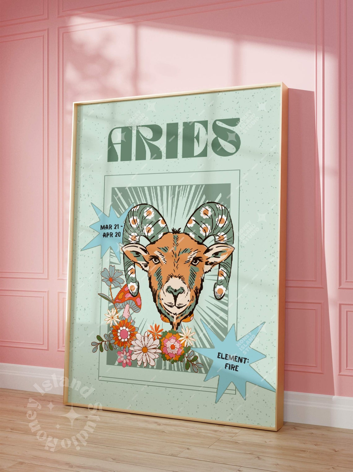 Aries Zodiac Sign Sage Green Ram Retro Astrology Wall Art Decor