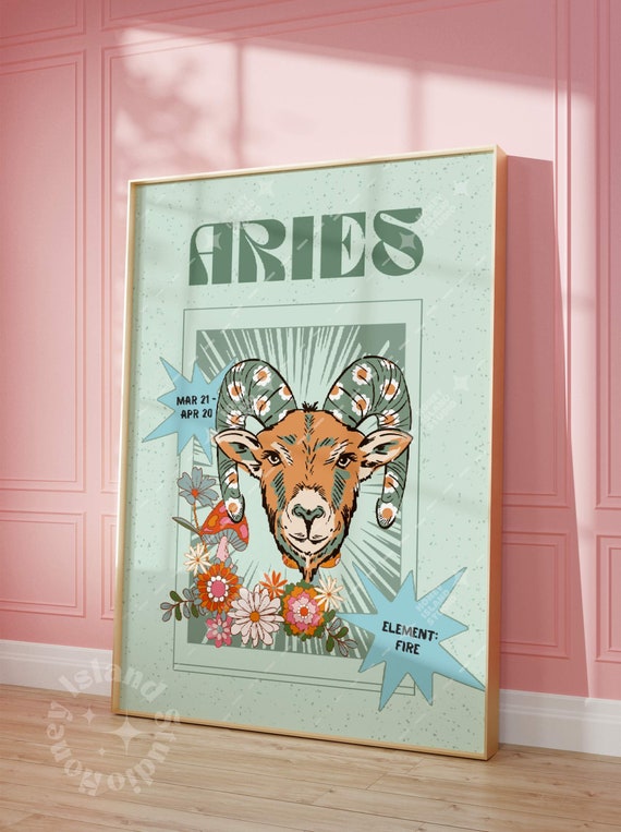 Aries Print Green Sage Trendy Apartment Decor Zodiac Y2k Poster Room Bar Cart Prints Dorm