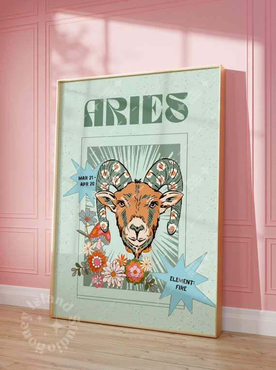 Aries Zodiac Sign Sage Green Ram Retro Astrology Wall Art Decor