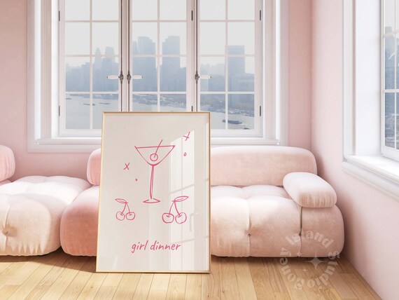 Girl Dinner Pink Martini and Cherries Coquette Line Art Poster
