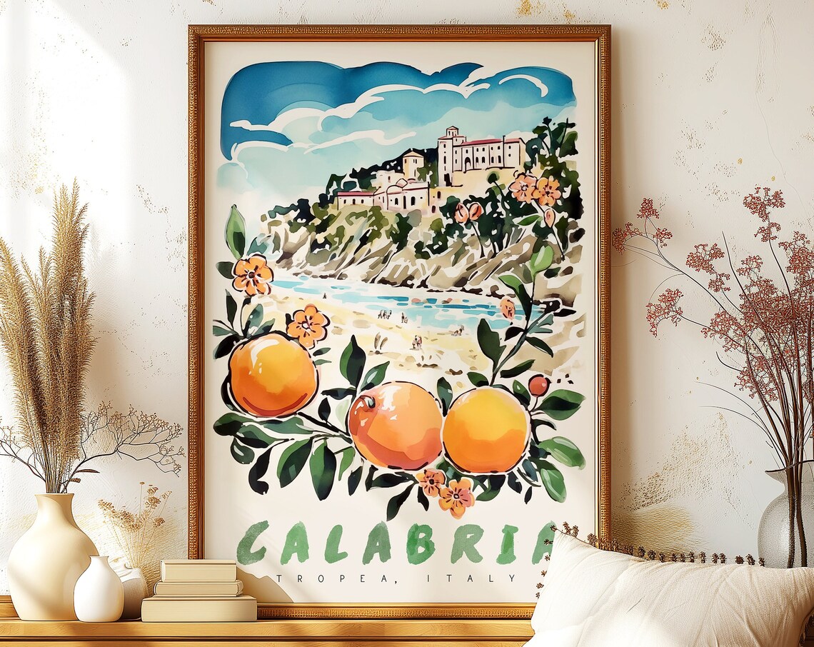 Calabria Italy Travel Poster, Retro Tropea Beach