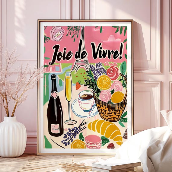 Colorful Joie De Vivre Paris France French Saying Wall Art Print Hand Drawn Eiffel Tower Painting Coffee Croissant
