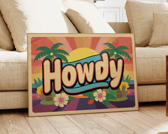 Howdy Retro Tropical Sunset Palm Trees Hibiscus Beach Poster