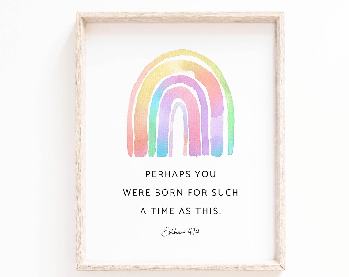 Esther 4:14 Bible Verse Watercolor Rainbow Art Print