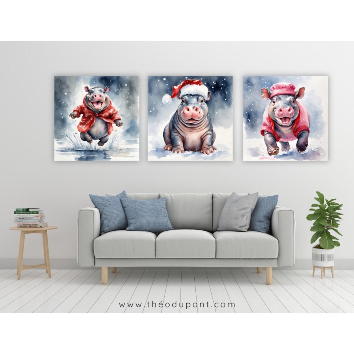 Baby Pygmy Hippo Red Winter Coat Snowy Day Cute Watercolor Poster - Image 3