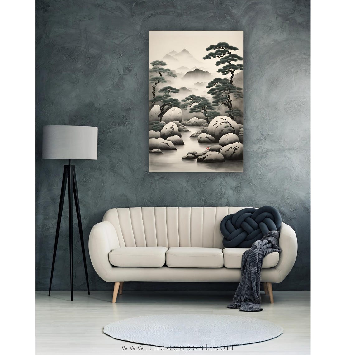 Pines Boulders Misty Stream Mountain Ink Wash Japanese Landscape Print - Image 2