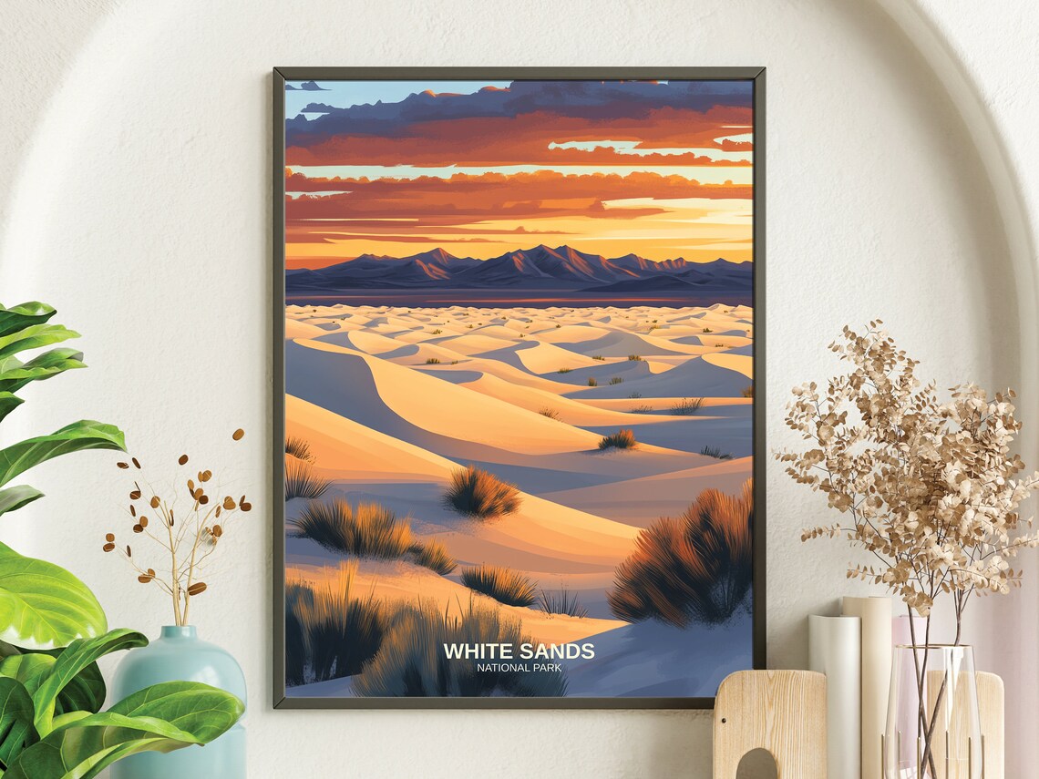White Sands National Park Warm Sunset Dunes Vintage Style Poster