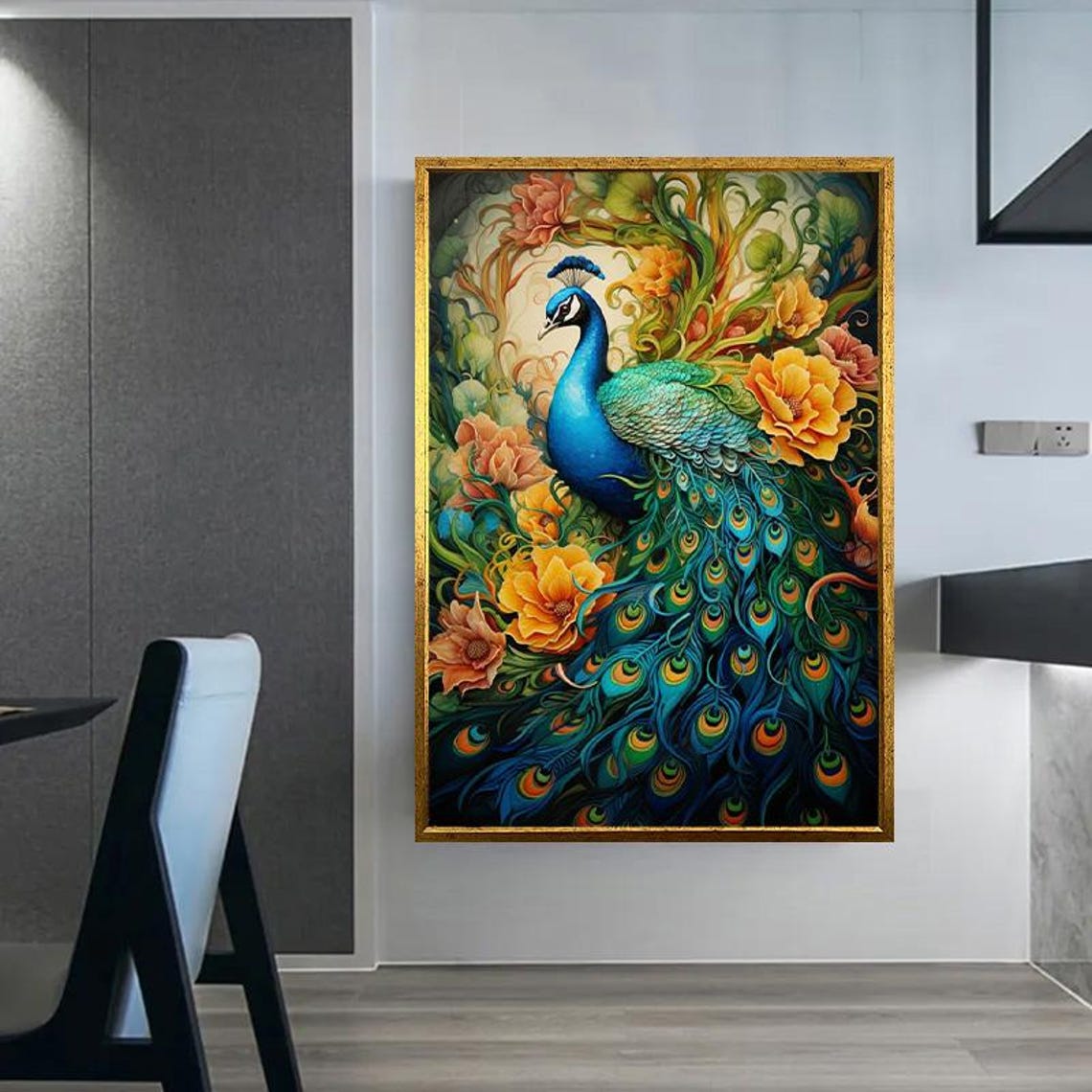 Blue Peacock With Flowing Tail Among Orange Blossom Flowers Art Poster - Image 5