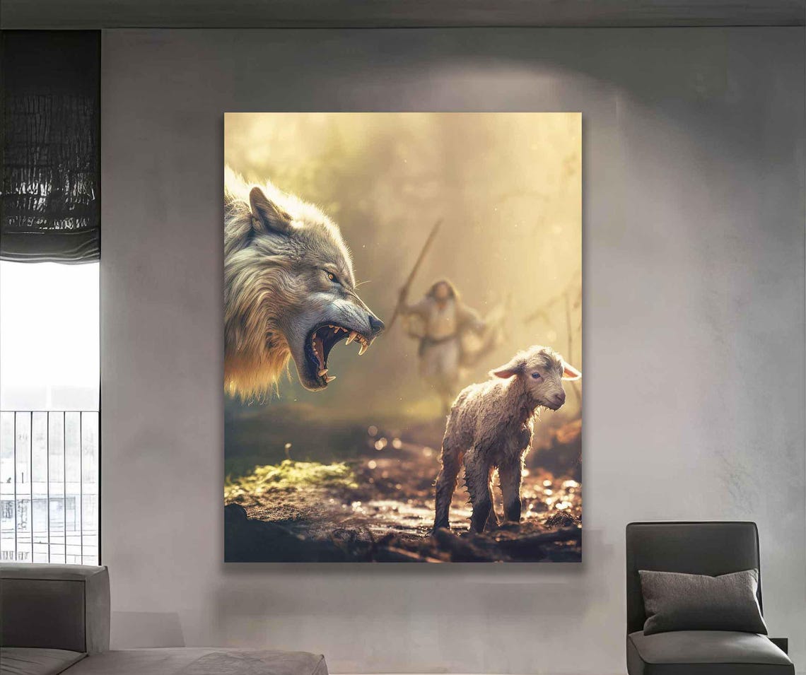 Wolf Facing Gentle Lamb With Shepherd Christian Symbolism Art Poster - Image 4