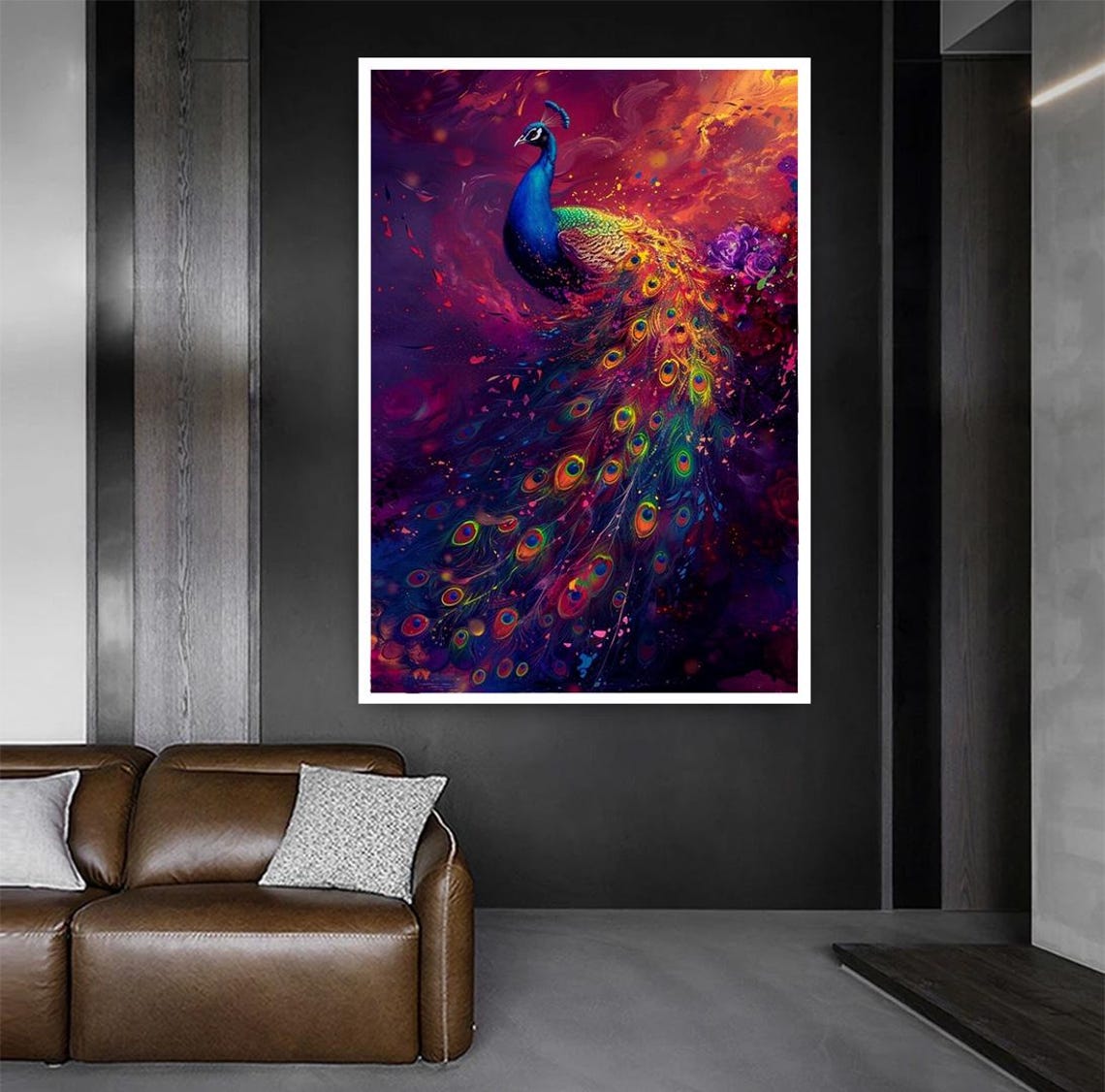 Vibrant Peacock Unfurling Tail Against Magenta Sunset Art Poster - Image 4