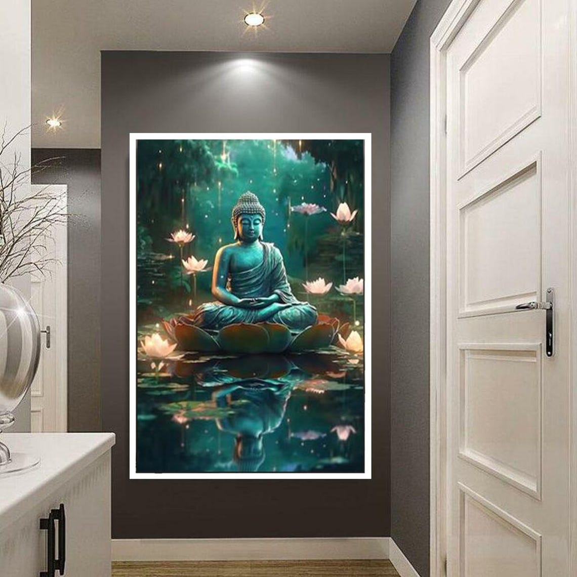 Buddha Meditating On A Lotus In A Glowing Mystical Pond Wall Art - Image 3