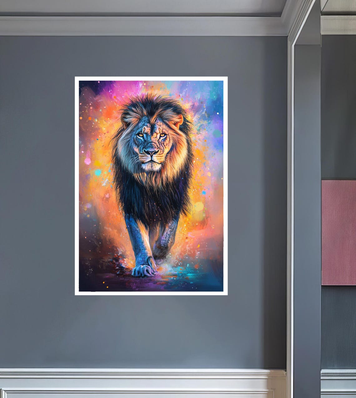 Colorful Lion Walking Forward Through Bright Splash Paint Poster - Image 2