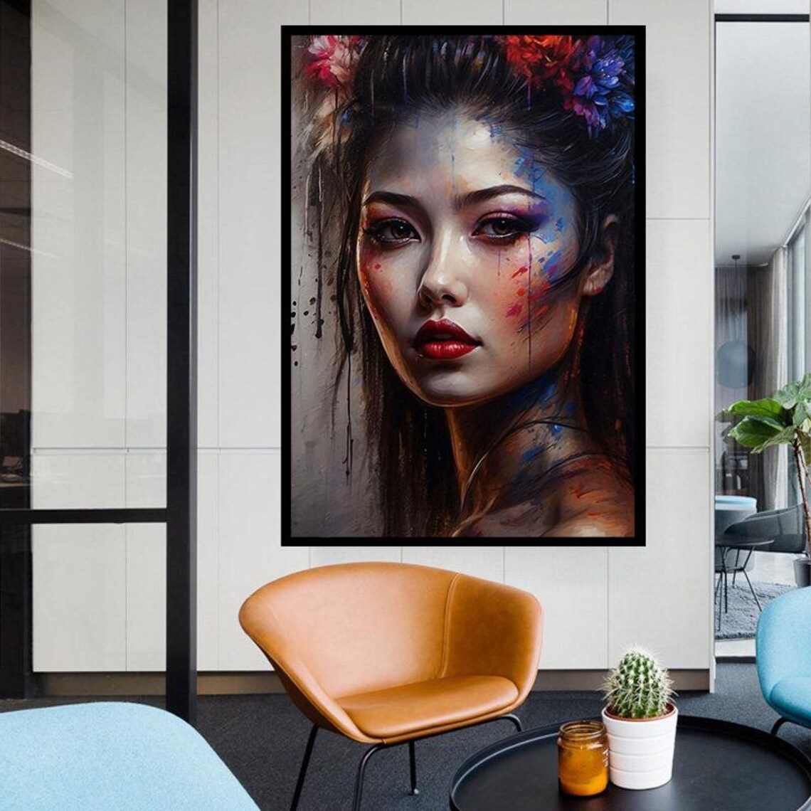 Geisha Beauty Portrait With Floral Hair Paint Drip Japanese Art Poster - Image 4