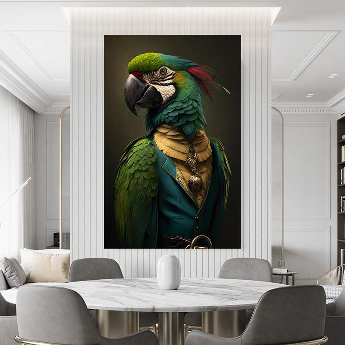 Green Parrot In Vintage Suit Aristocratic Bird Portrait Poster - Image 3
