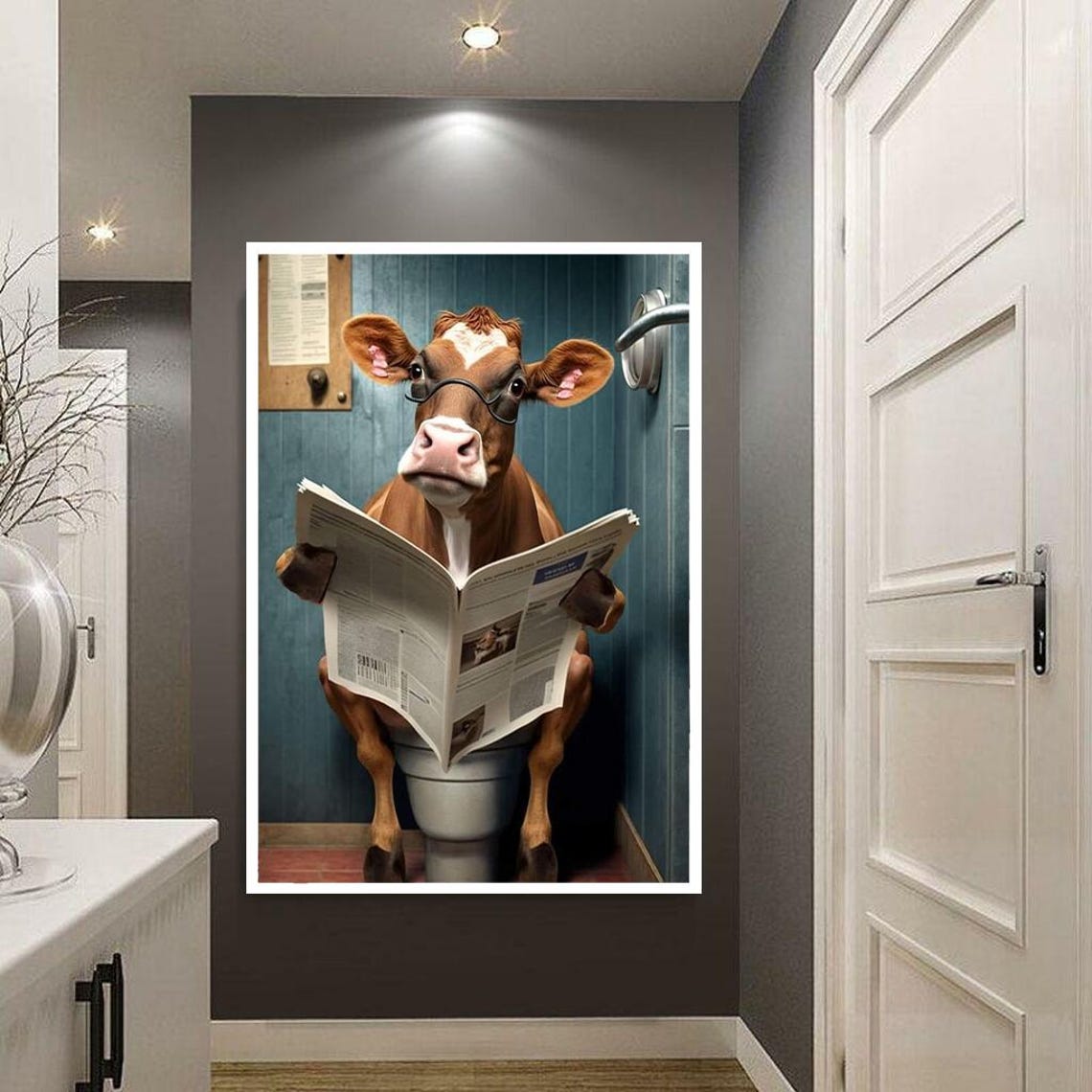 Funny Cow In Glasses Reading Newspaper On The Toilet Humor Poster