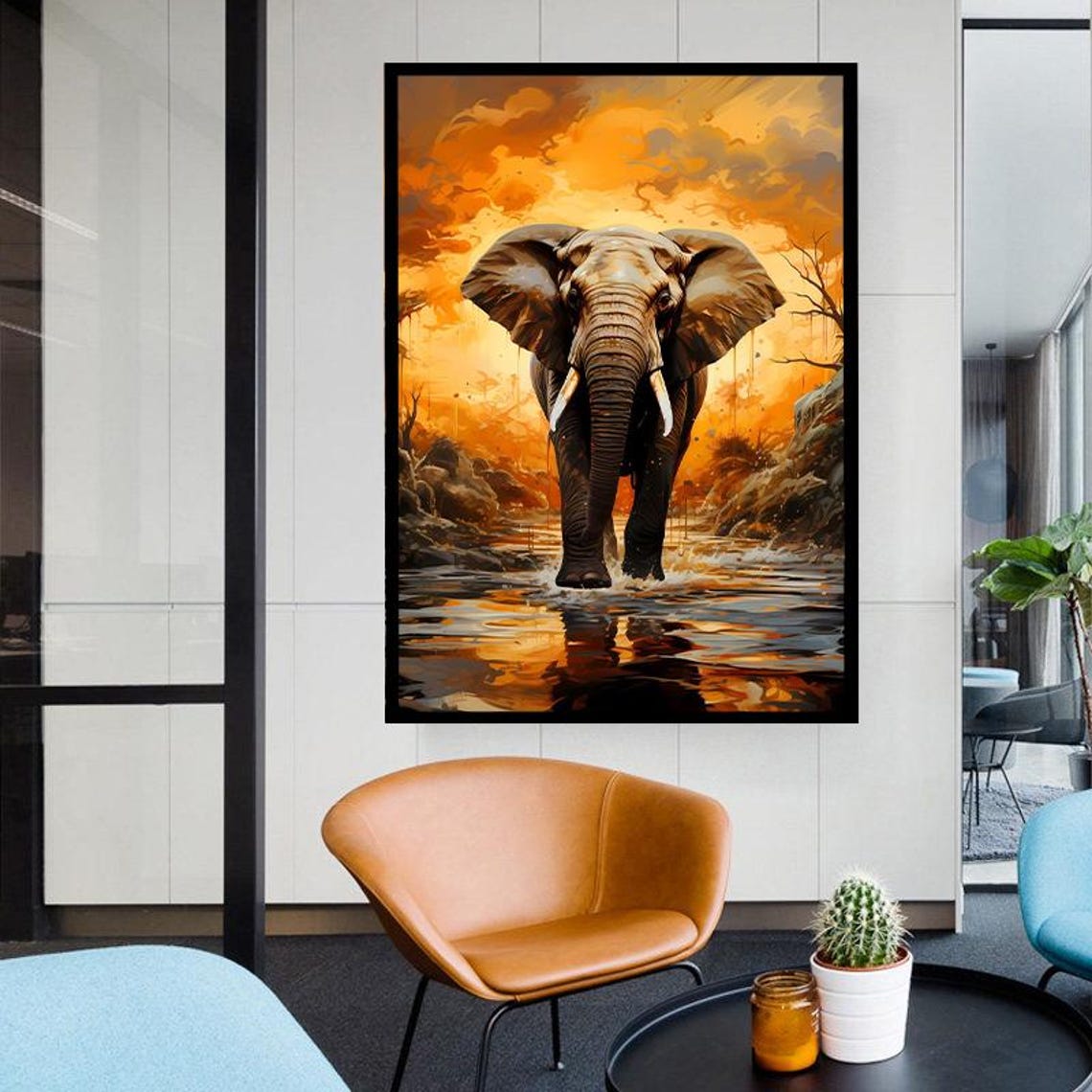 Majestic Elephant Walking Through Golden Sunset Water Wildlife Poster - Image 2