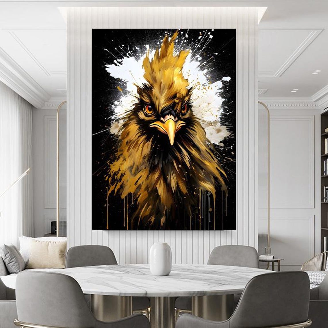 Golden Rooster Close-Up Portrait on Black Paint Splatter Art Poster - Image 3