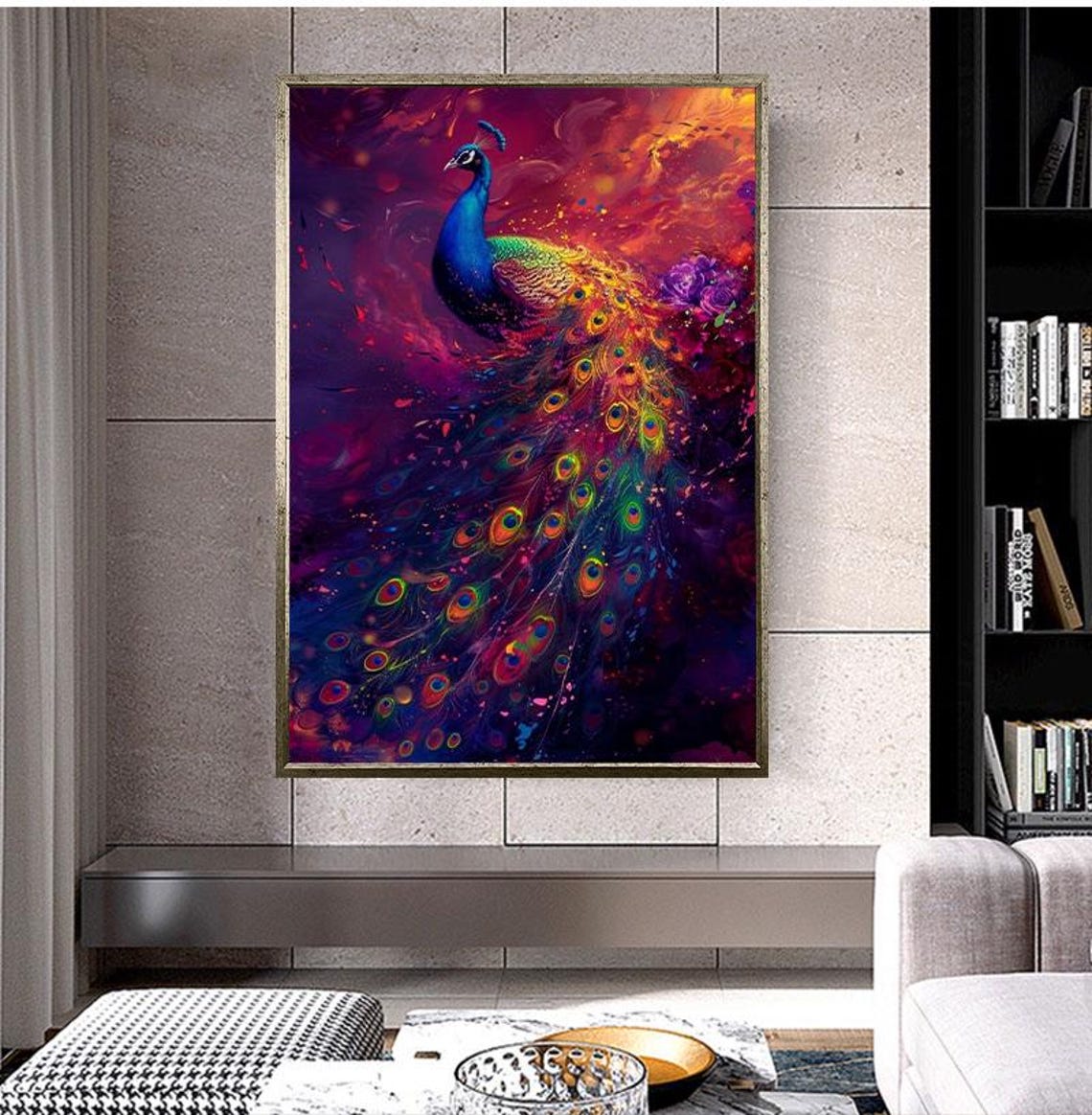 Vibrant Peacock Unfurling Tail Against Magenta Sunset Art Poster - Image 5