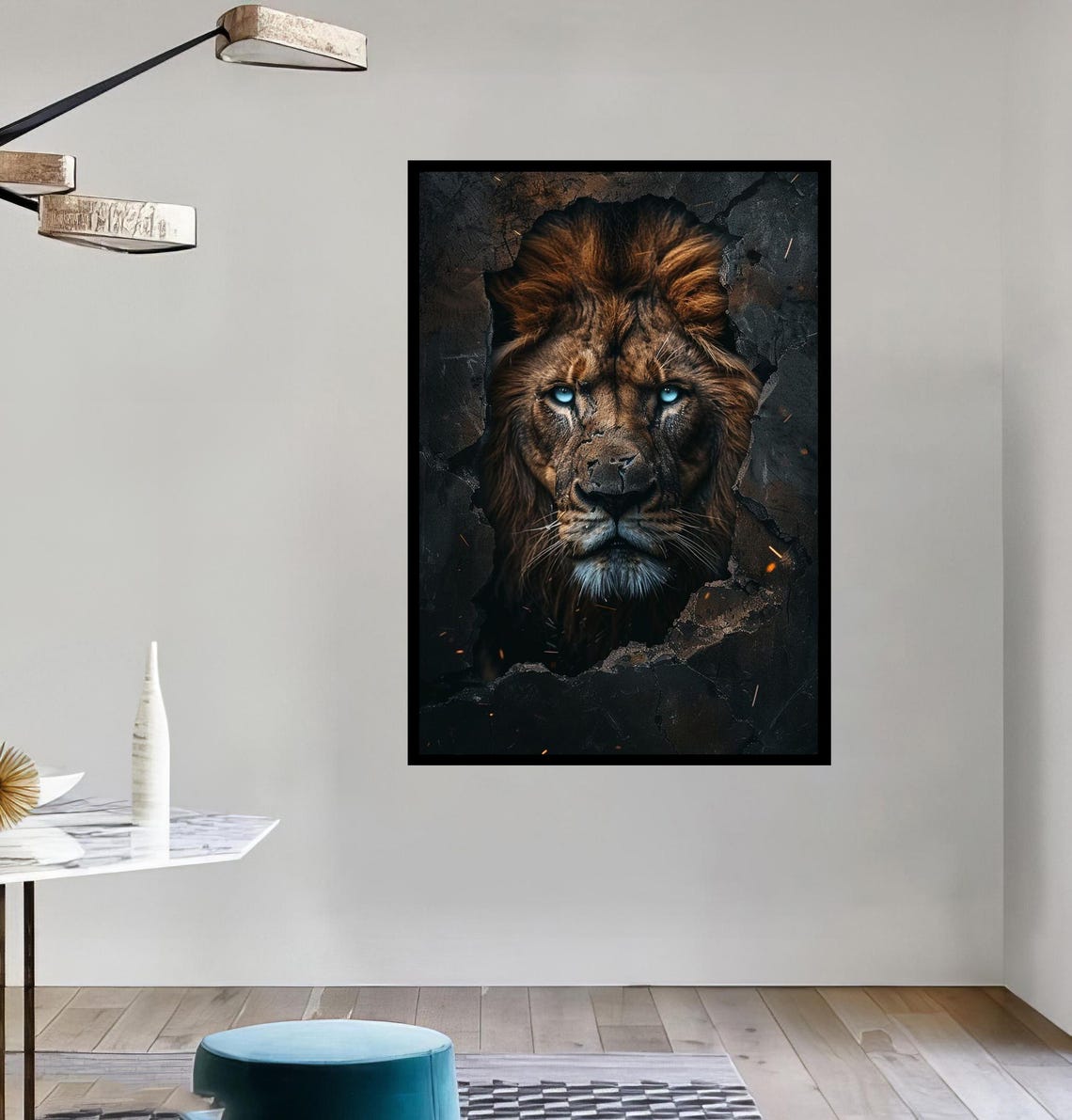 Fierce Lion Emerging Through A Cracked Wall Blue Eyes Art Poster - Image 3