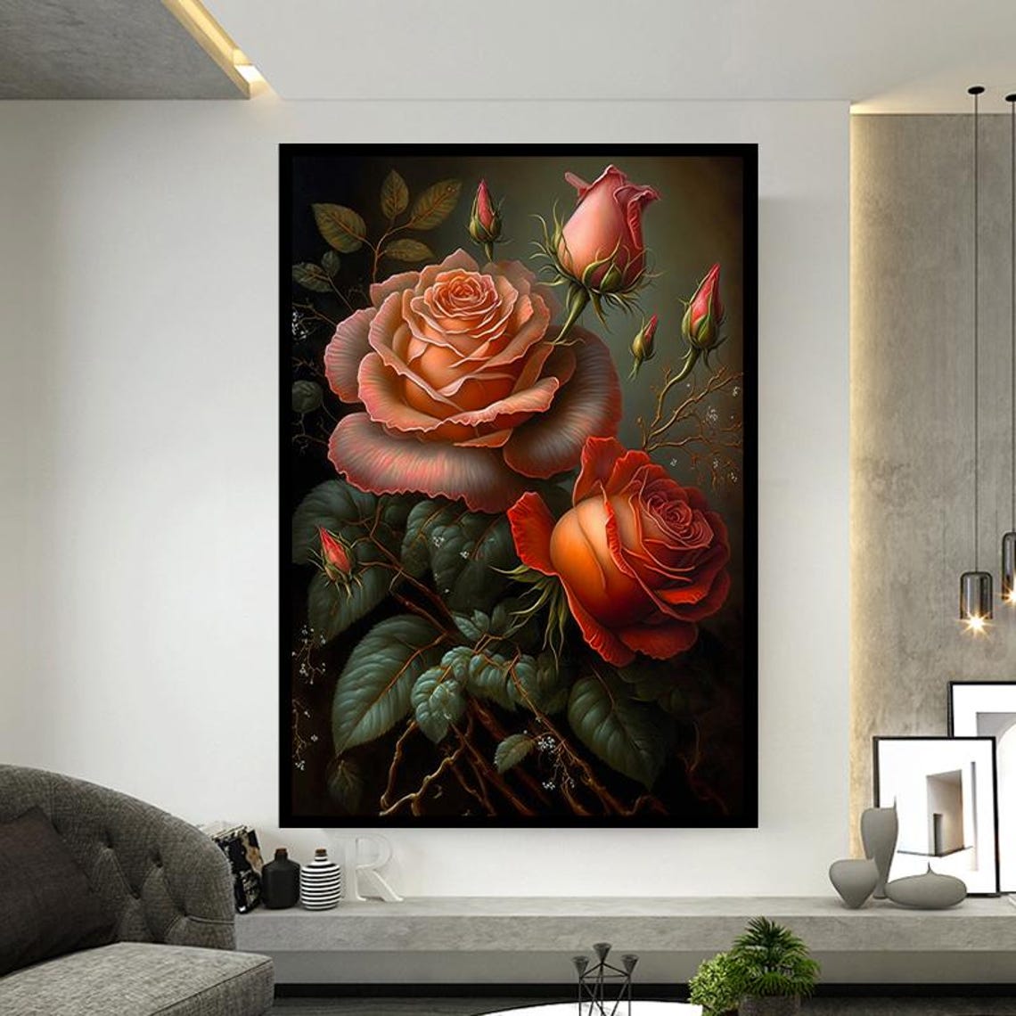 Vintage Peach Rose Blooms With Buds on Moody Dark Background Poster - Image 4