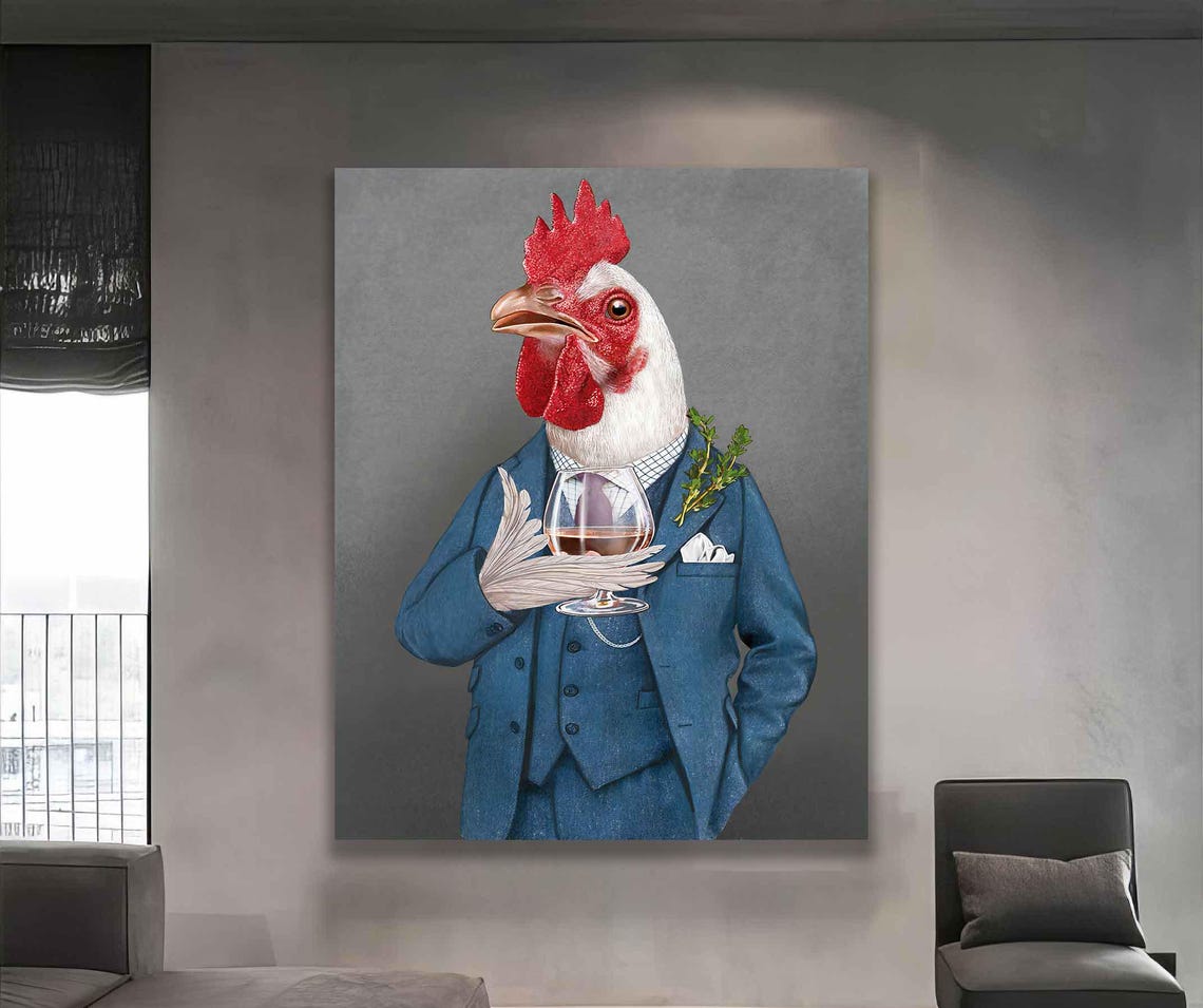 Dapper Rooster in Blue Suit Holding a Brandy Glass Portrait Poster - Image 4