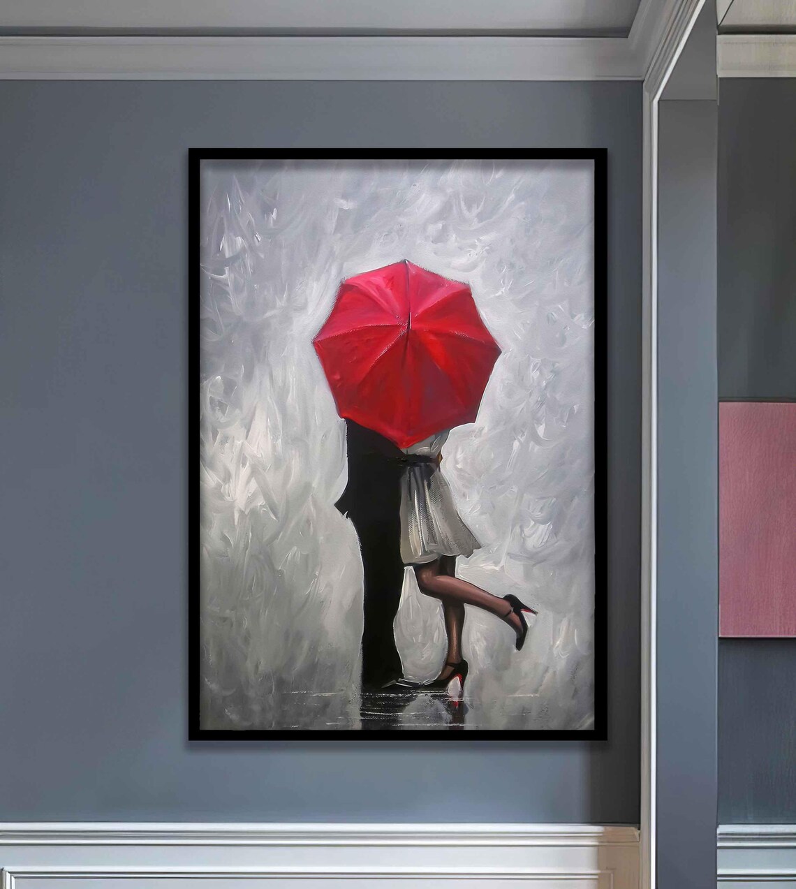 Red Umbrella Couple in the Rain Romantic Love Painting Poster - Image 2