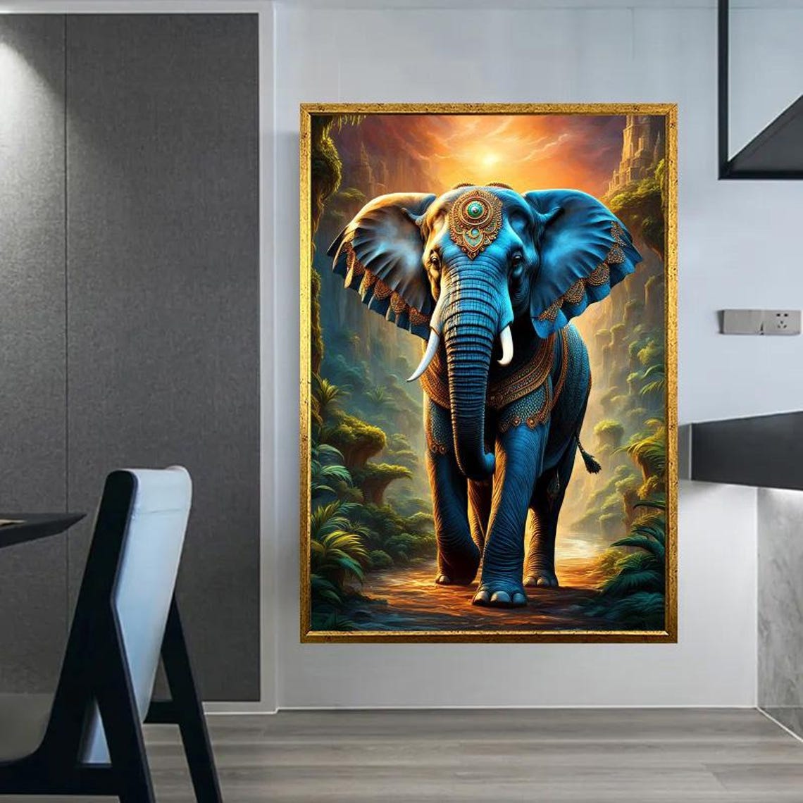 Blue Temple Elephant With Jeweled Crown Fantasy Jungle Sunset Poster - Image 4