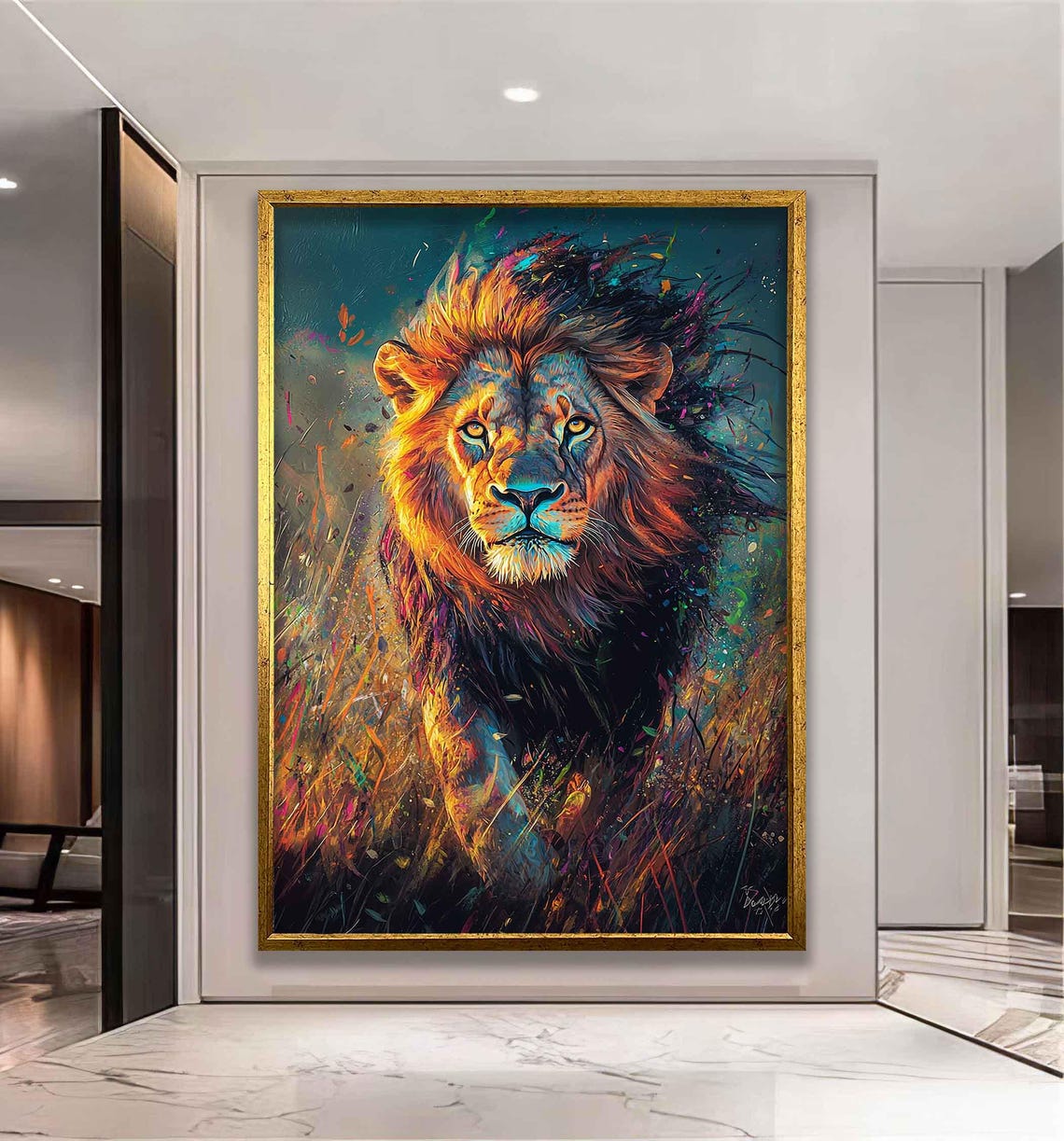 Lion Striding Through Tall Grass In Colorful Paint Splash Art Poster - Image 5