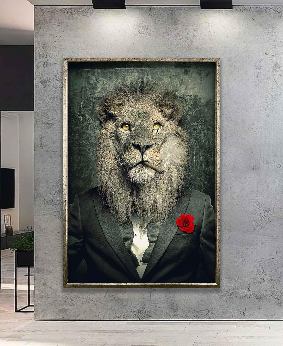 Gangster Lion In Tuxedo With Cigar Red Rose Funny Office Wall Art - Image 3