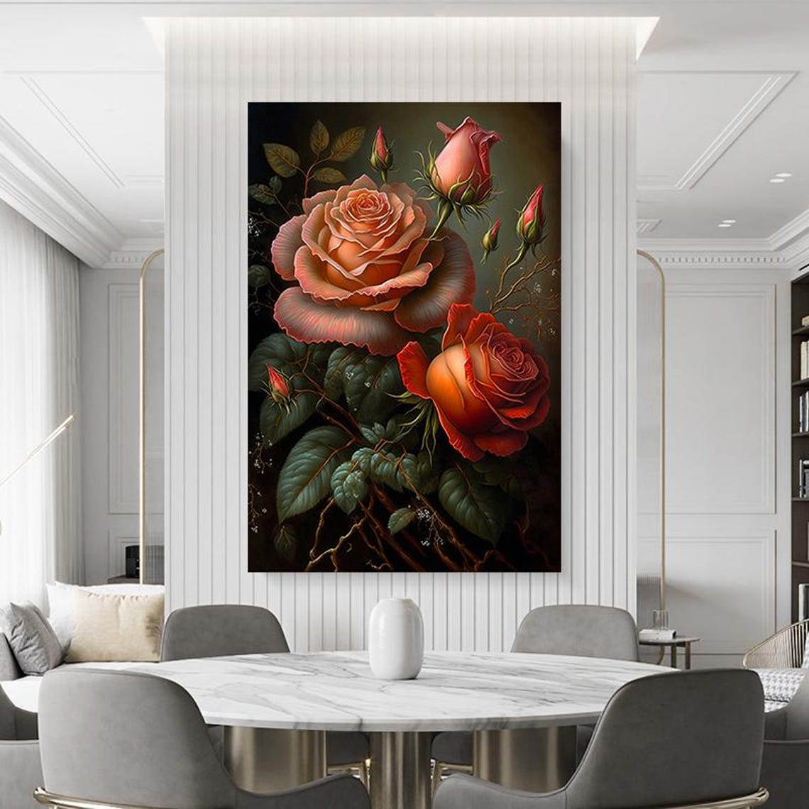 Vintage Peach Rose Blooms With Buds on Moody Dark Background Poster - Image 3