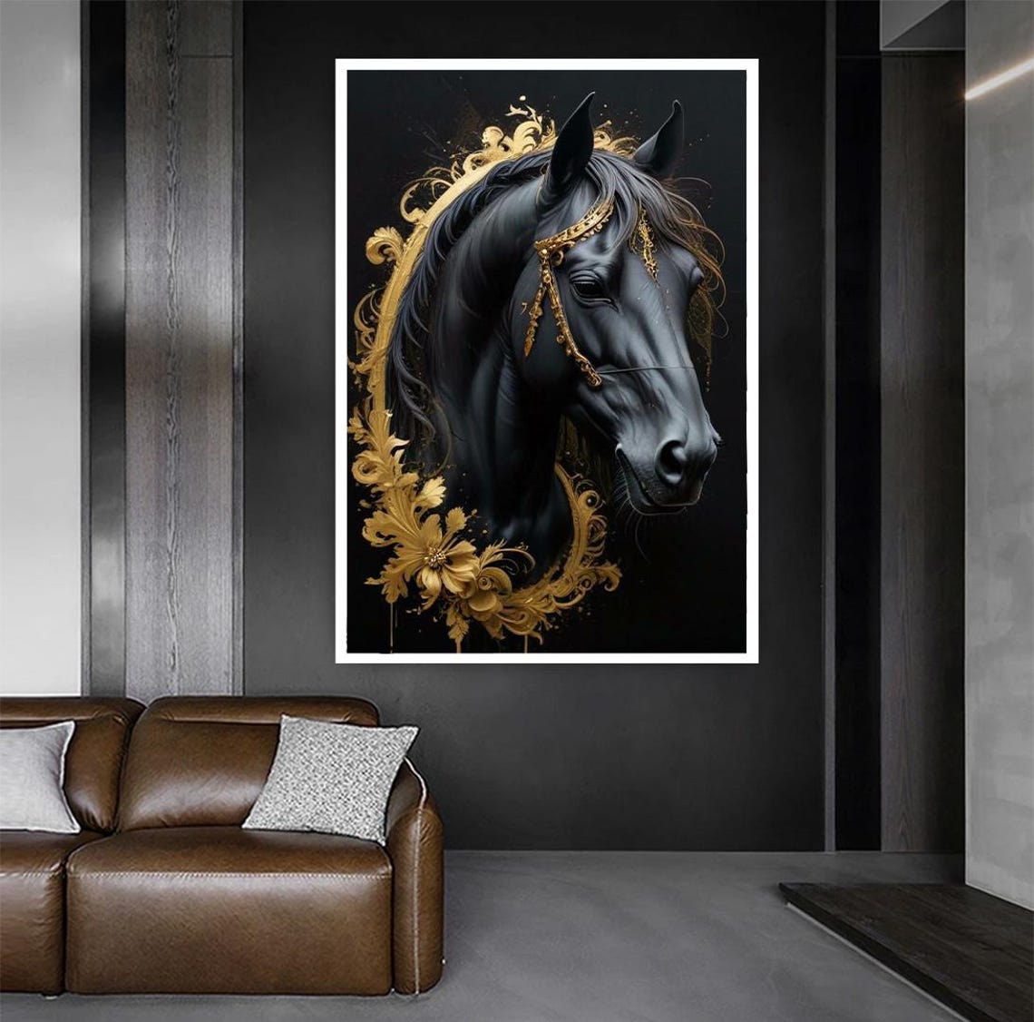 Black Horse With Golden Ornamental Bridle Regal Equine Art Poster - Image 2